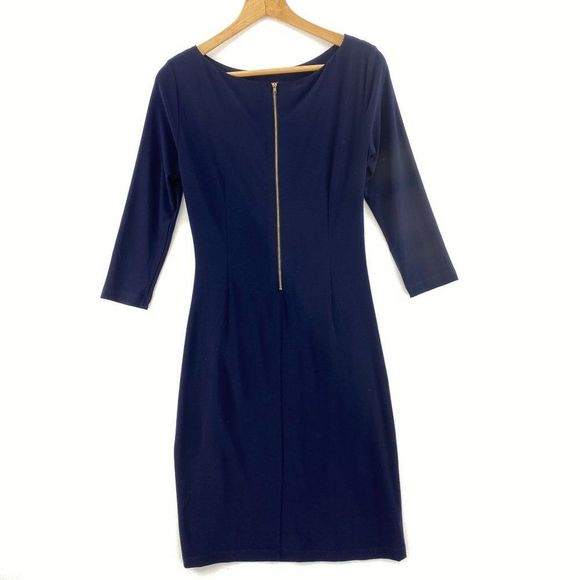 TAHARI Navy Blue 3/4 Sleeve Boat Neck Faux Wrap Dress - Picture 4 of 5